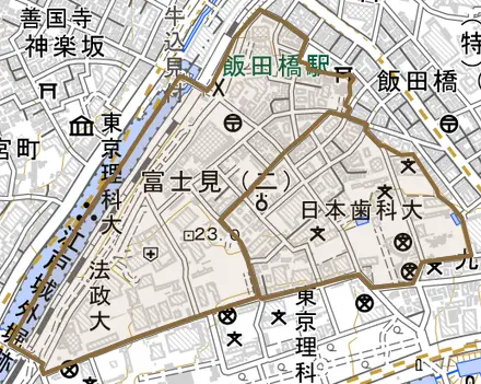 富士見とその周辺の地図。町の範囲を重ねている