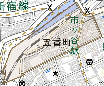 五番町とその周辺の地図。町の範囲を重ねている