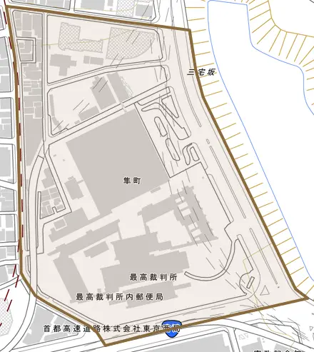 隼町とその周辺の地図。町の範囲を重ねている