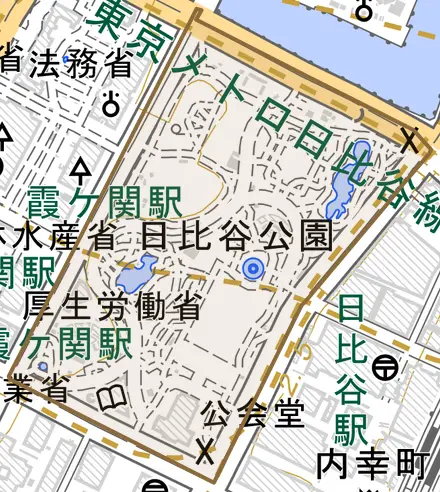 日比谷公園とその周辺の地図。町の範囲を重ねている