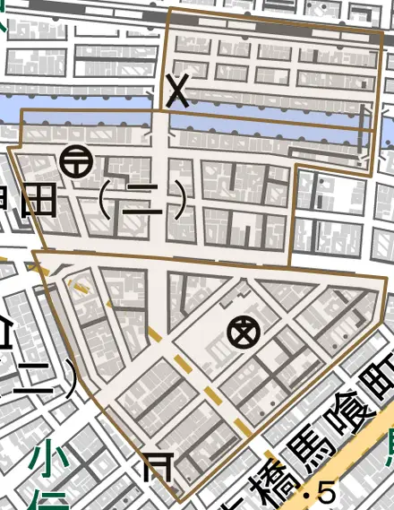 東神田とその周辺の地図。町の範囲を重ねている