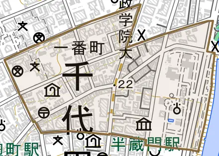 一番町とその周辺の地図。町の範囲を重ねている