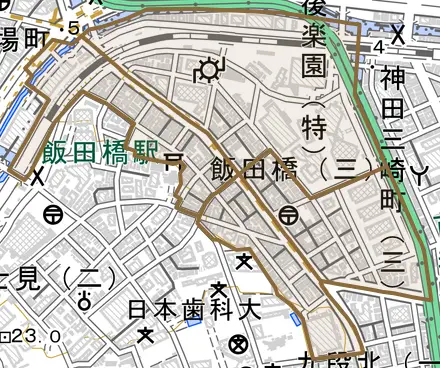 飯田橋とその周辺の地図。町の範囲を重ねている