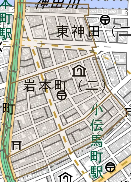 岩本町とその周辺の地図。町の範囲を重ねている