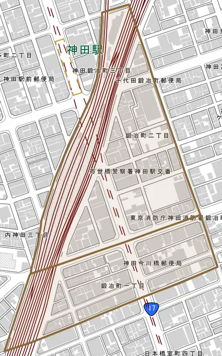 鍛冶町とその周辺の地図。町の範囲を重ねている