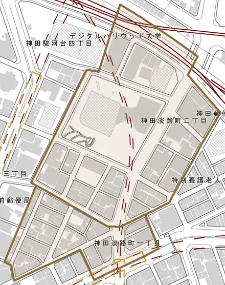 神田淡路町とその周辺の地図。町の範囲を重ねている