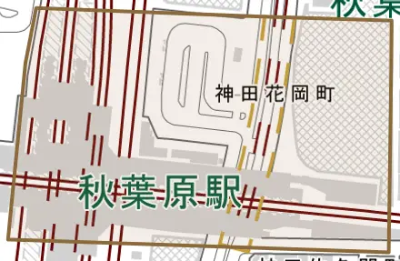 神田花岡町とその周辺の地図。町の範囲を重ねている