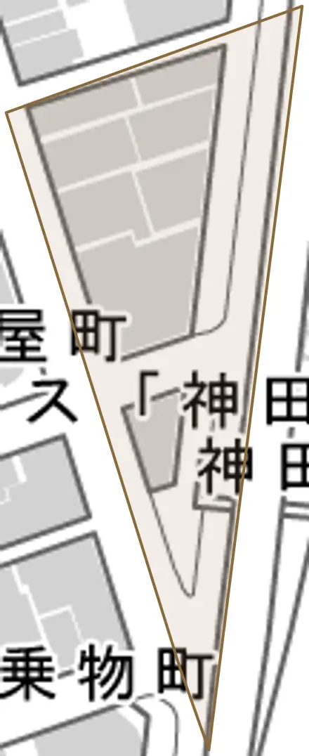 神田東紺屋町とその周辺の地図。町の範囲を重ねている