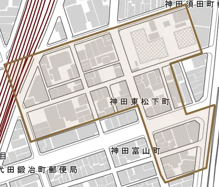 神田東松下町とその周辺の地図。町の範囲を重ねている