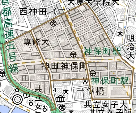 神田神保町とその周辺の地図。町の範囲を重ねている
