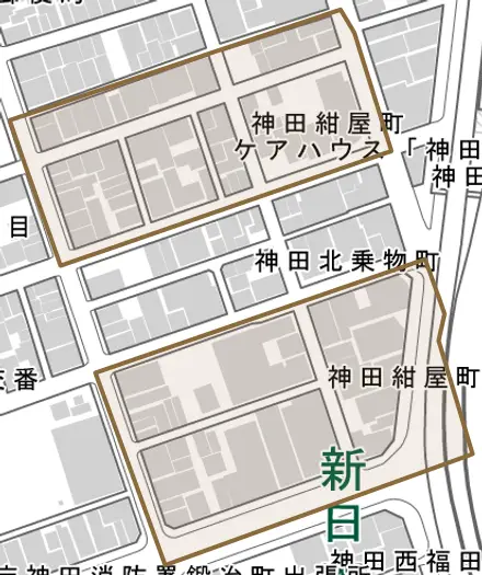 神田紺屋町とその周辺の地図。町の範囲を重ねている