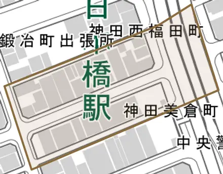 神田美倉町とその周辺の地図。町の範囲を重ねている