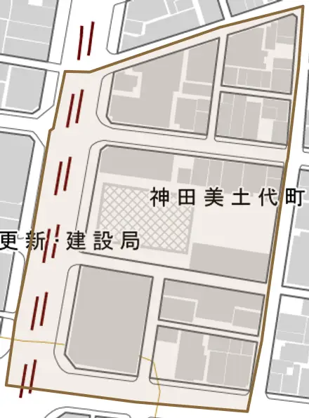 神田美土代町とその周辺の地図。町の範囲を重ねている