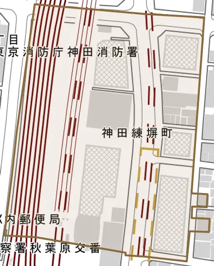 神田練塀町とその周辺の地図。町の範囲を重ねている