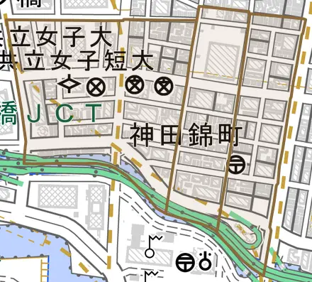 神田錦町とその周辺の地図。町の範囲を重ねている
