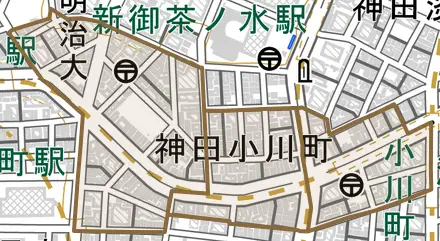 神田小川町とその周辺の地図。町の範囲を重ねている