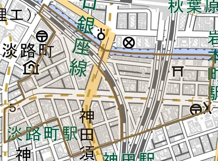 神田須田町とその周辺の地図。町の範囲を重ねている