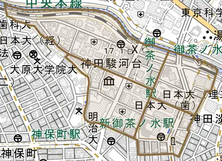 神田駿河台とその周辺の地図。町の範囲を重ねている