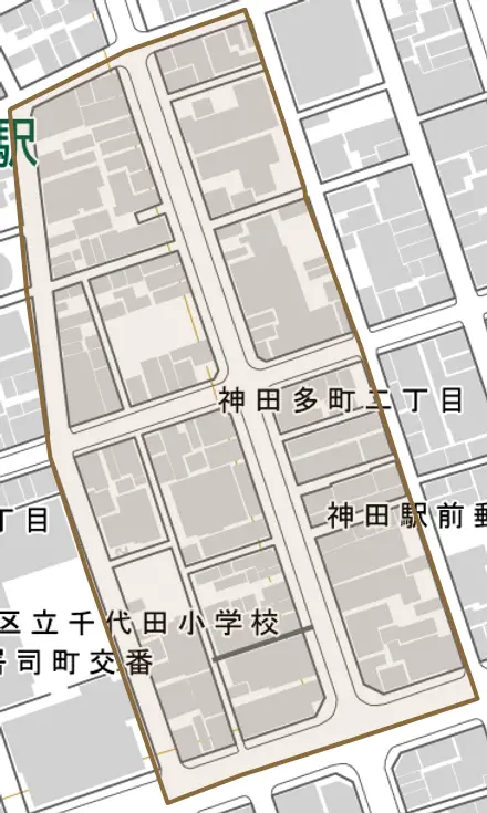 神田多町とその周辺の地図。町の範囲を重ねている