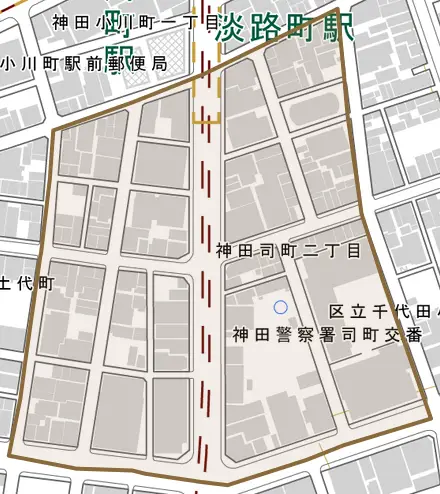 神田司町とその周辺の地図。町の範囲を重ねている