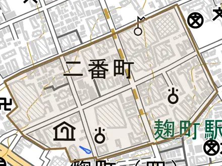 二番町とその周辺の地図。町の範囲を重ねている