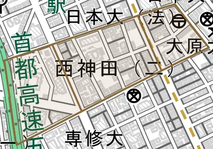 西神田とその周辺の地図。町の範囲を重ねている