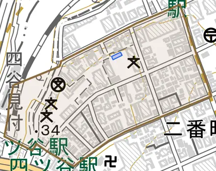 六番町とその周辺の地図。町の範囲を重ねている