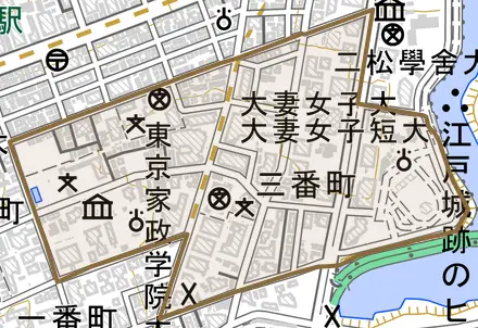 三番町とその周辺の地図。町の範囲を重ねている