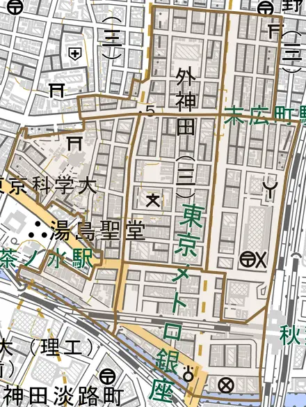 外神田とその周辺の地図。町の範囲を重ねている