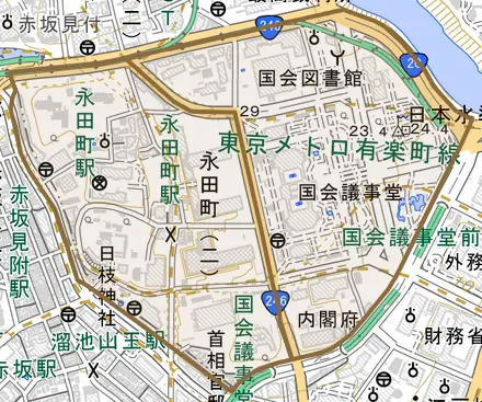 永田町とその周辺の地図。町の範囲を重ねている