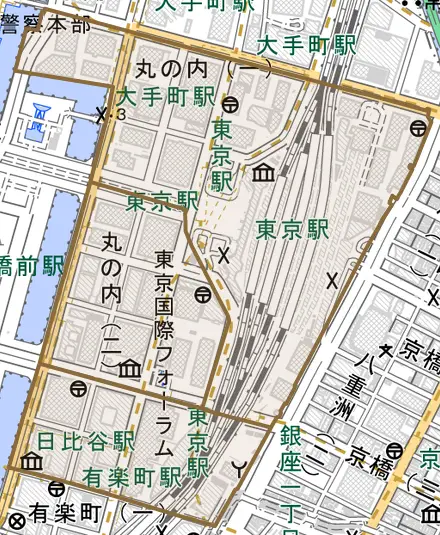 丸の内とその周辺の地図。町の範囲を重ねている