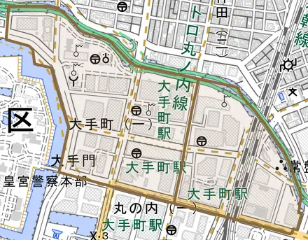 大手町とその周辺の地図。町の範囲を重ねている