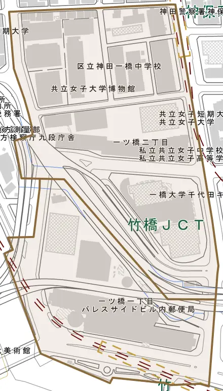 一ツ橋とその周辺の地図。町の範囲を重ねている