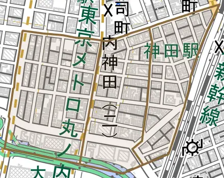 内神田とその周辺の地図。町の範囲を重ねている