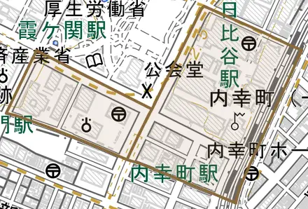 内幸町とその周辺の地図。町の範囲を重ねている