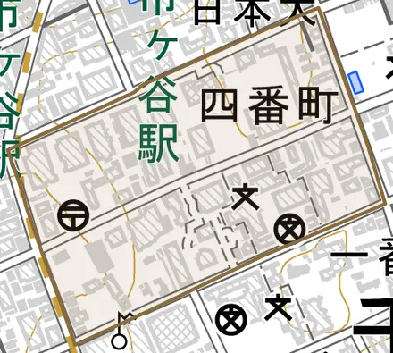 四番町とその周辺の地図。町の範囲を重ねている