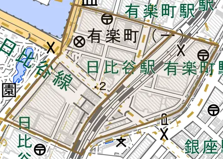 有楽町とその周辺の地図。町の範囲を重ねている