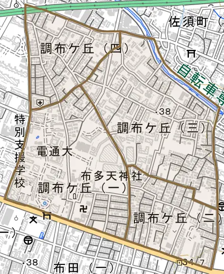 調布ケ丘とその周辺の地図。町の範囲を重ねている