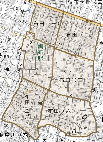 布田とその周辺の地図。町の範囲を重ねている