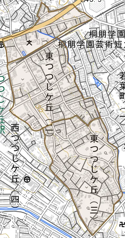 東つつじケ丘とその周辺の地図。町の範囲を重ねている