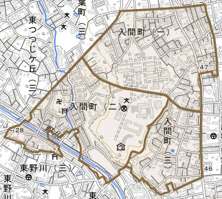 入間町とその周辺の地図。町の範囲を重ねている