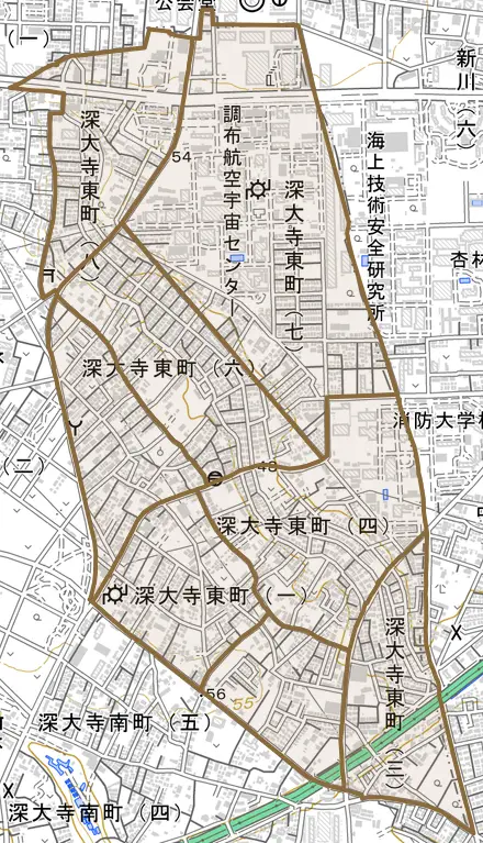 深大寺東町とその周辺の地図。町の範囲を重ねている