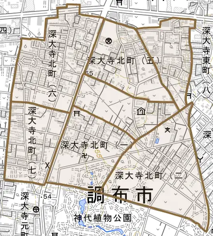 深大寺北町とその周辺の地図。町の範囲を重ねている