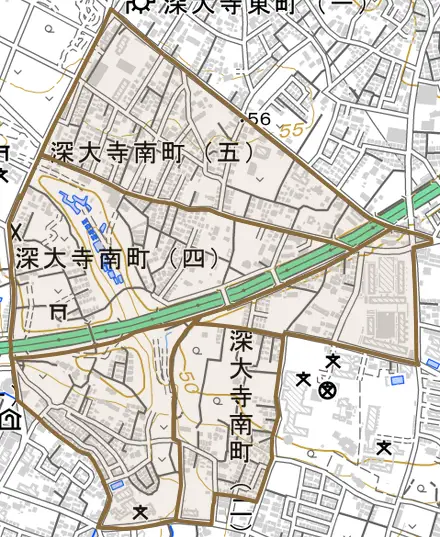 深大寺南町とその周辺の地図。町の範囲を重ねている