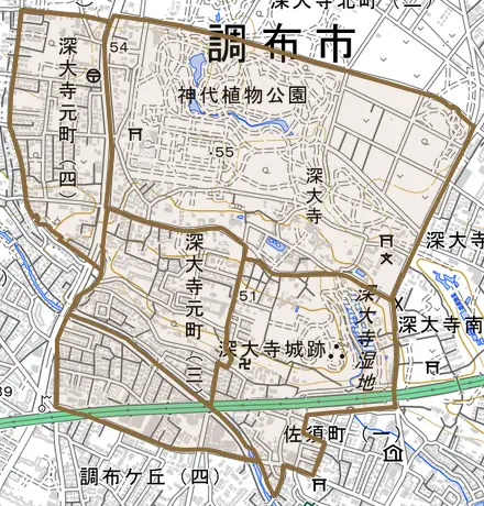 深大寺元町とその周辺の地図。町の範囲を重ねている