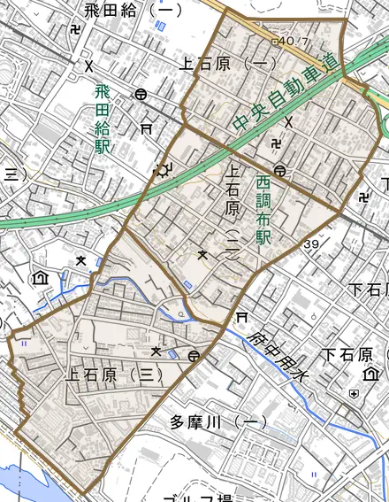 上石原とその周辺の地図。町の範囲を重ねている