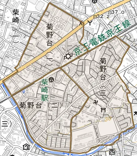 菊野台とその周辺の地図。町の範囲を重ねている
