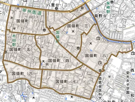 国領町とその周辺の地図。町の範囲を重ねている