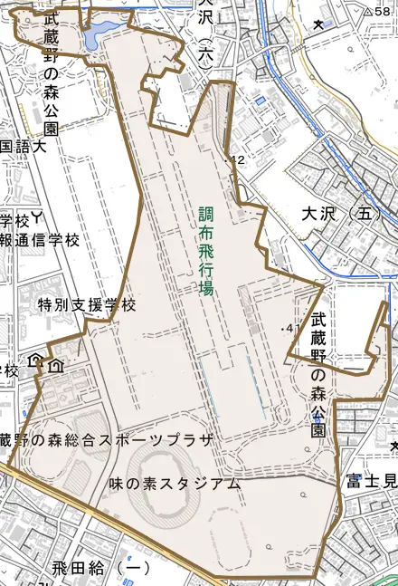 西町とその周辺の地図。町の範囲を重ねている