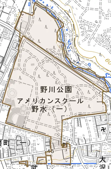 野水とその周辺の地図。町の範囲を重ねている